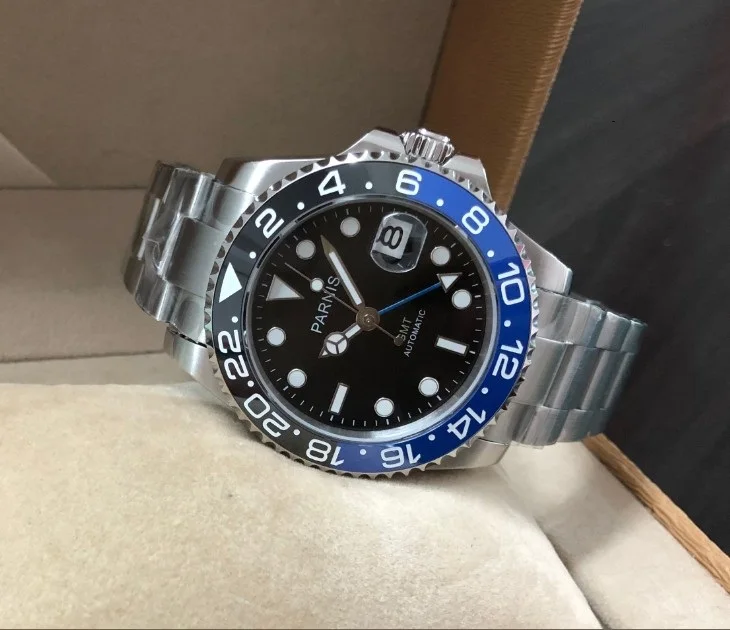40 мм Parnis с сапфирами Кристалл GMT автоматическое машинное движение светящиеся