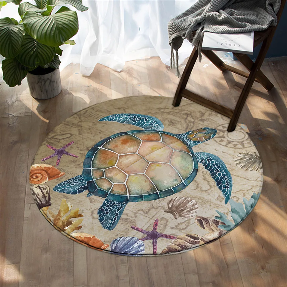 BeddingOutlet Sea Turtle Round Carpet Map Tortoise Floor Mat Non-slip Starfish Shells Nautical Area Rugs Marine Animal tapetes