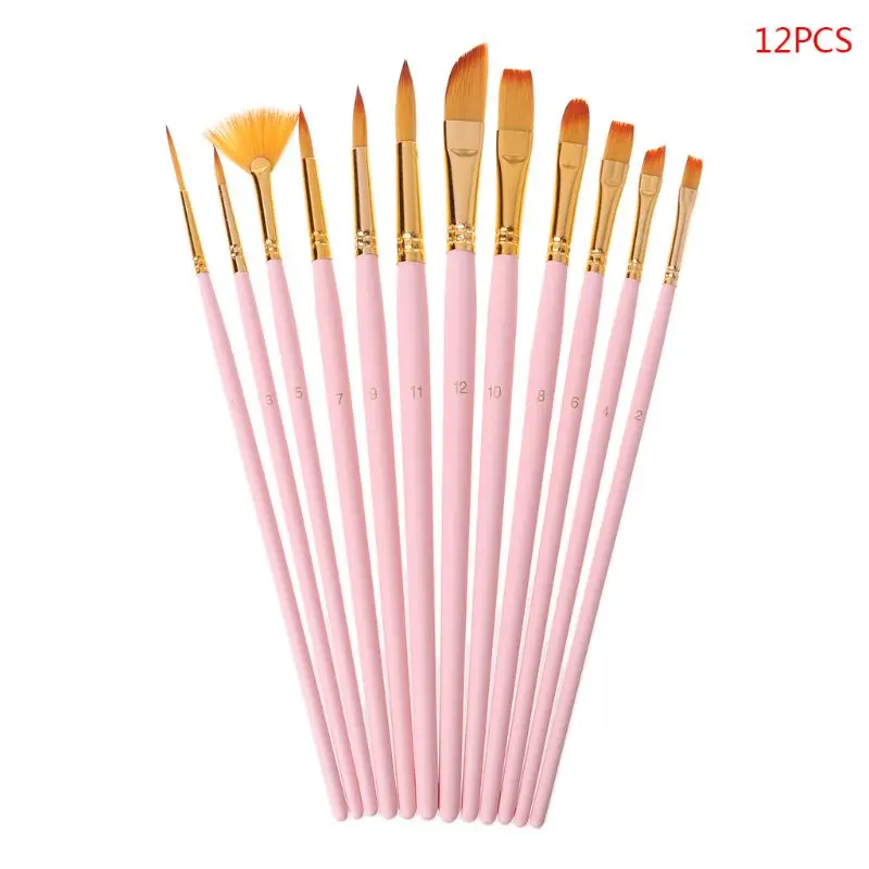 

12pcs Paint Brushes Fine Nylon Hair Round Filbert Angel Flat Paintbrushes Tools 090F