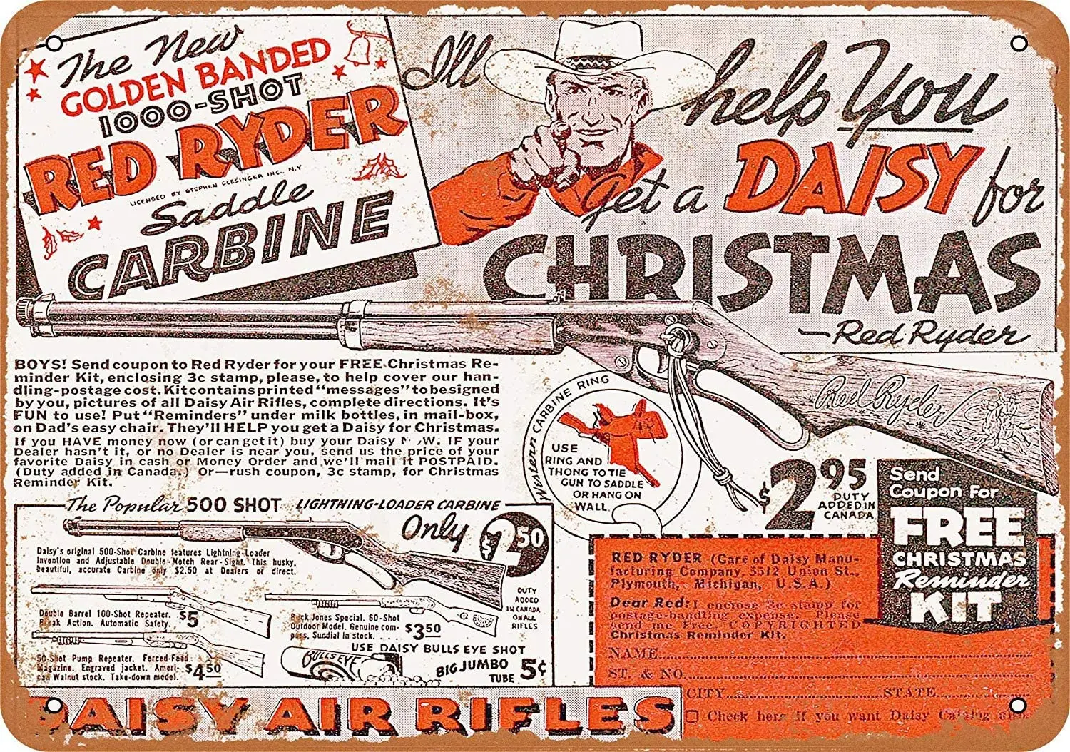 

8 x 12 Metal Sign - 1940 Daisy Red Rider BB Gun