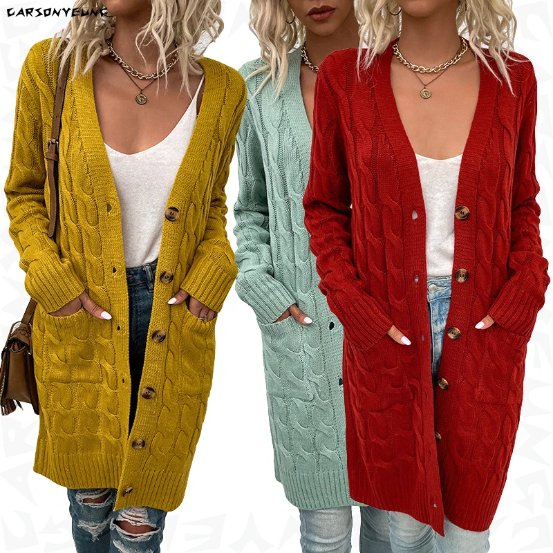 CARSONYEUNG Vintage Twist Cardigan Women Sweater Knitwear 2021 Autumn Winter Female Long Knitted Coat Button Cardigans New |