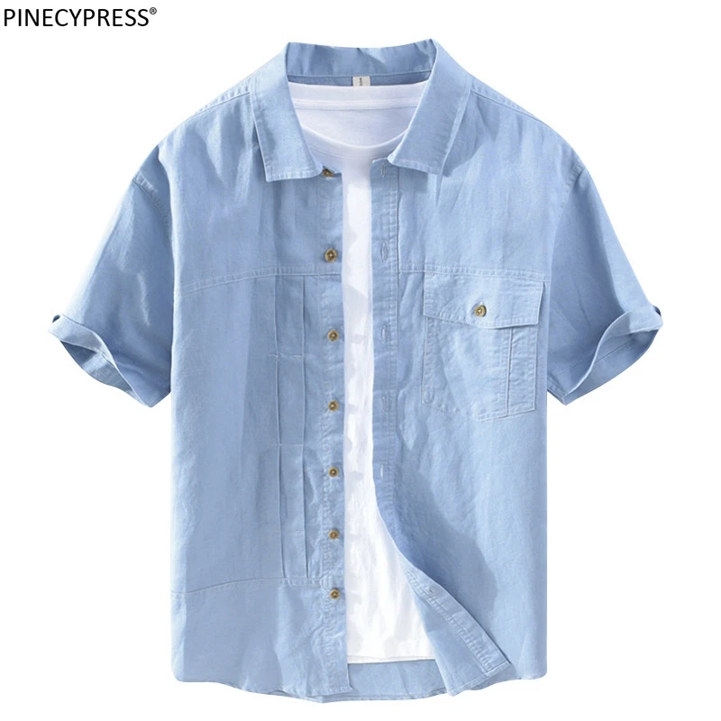

55% Linen 45% Cotton Anti-static Breathable Soft Summer Solid Hemp Short Sleeve Man Shirt Male Quality Men Casual Shirts