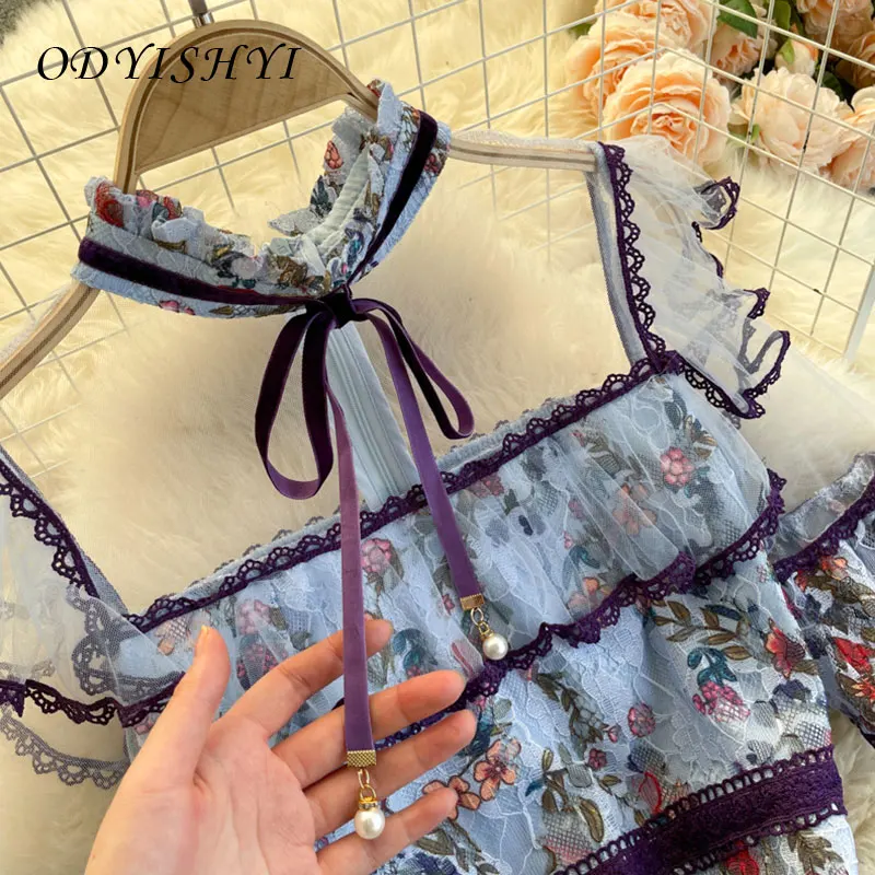 

Gauze Lace Heavy Embroidery Flower Red Dress 2021 Women Temperament Stand Collar Short Sleeve Ruffled Big Swing Dresses Women