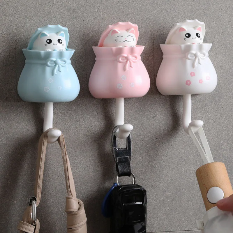 

Cartoon Cat Decorative Hooks Key Holder Wall Mounted Adhesive Coat Hanger Hat Rack Sundries Organizer Accessories