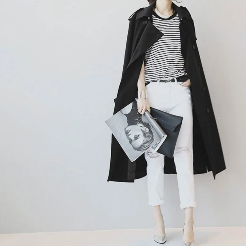 Плащ женский весенний длинный двубортный свободный с разрезом | Женская одежда