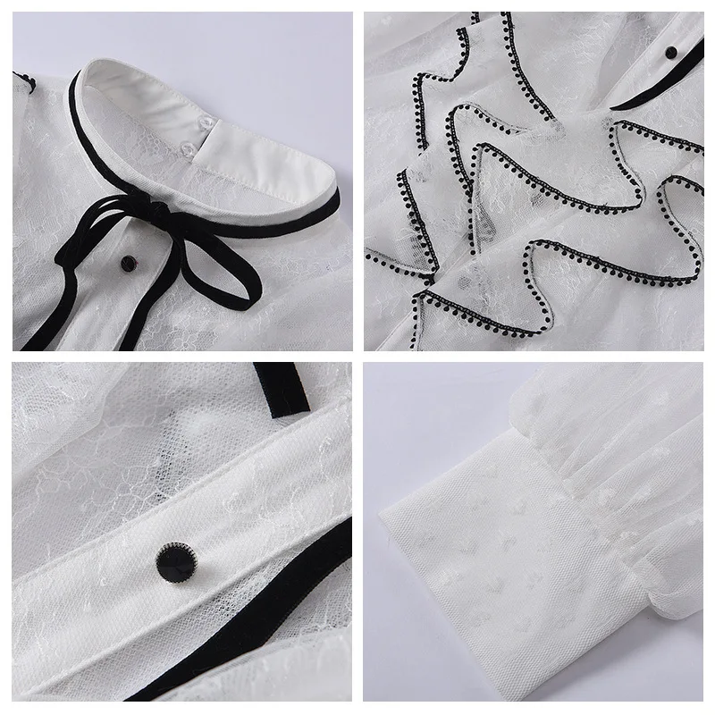 

2021 Spring New Fashion White Lace Blouse Ladies Tops Polka Dot Perspective Lantern Sleeve Stand Collar Ruffled Womens Blouses