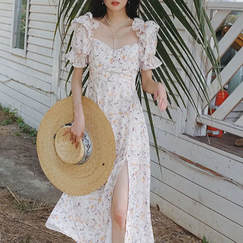 

Sweet Elegant Beach Sundresses for Women Summer 2021 French Midi Vintage Floral Dress Females Short Sleeve Korean Style Design