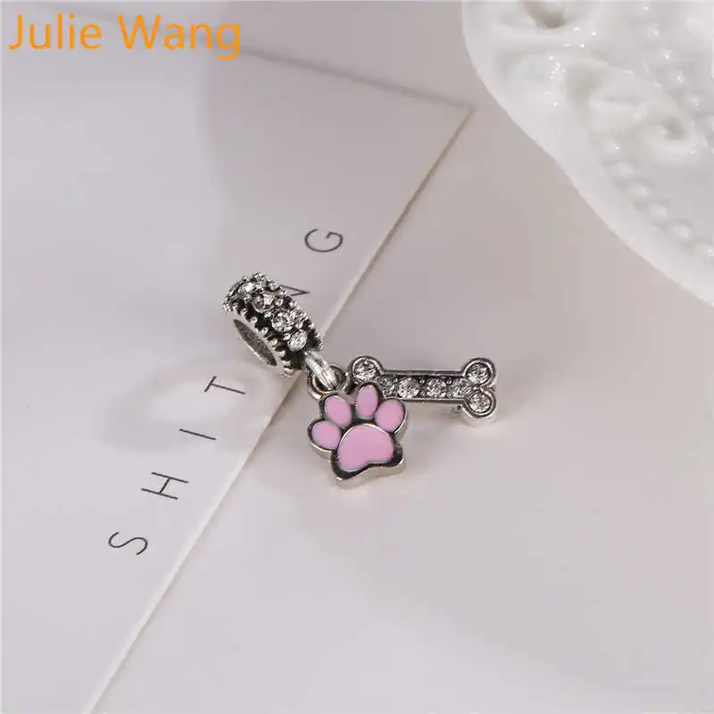 Julie Wang 5PCS Bone Bead Charms Enamel Pet Paw Print Rhinestone Zinc Alloy Bracelet Necklace Jewelry Making Accessory | Украшения и