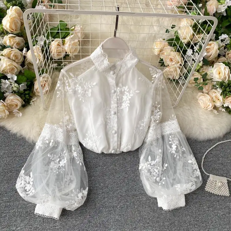 

White Black Retro Sexy Lace Blouse Women Spring Summer Embroidery Puff Sleeve Slim Shirt Women Stand Collar Short Mesh Top C6994