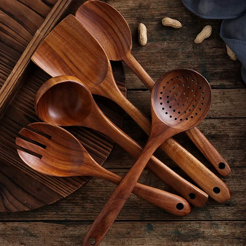 

Wooden Utensils Set for Kitchen, Handmade Natural Teak Cooking Spoons Wooden Spatula for Nonstick Cookware (5 Sets)