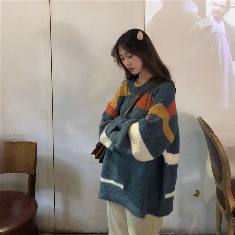 

Women Knitted Sweater and Pullover O-neck Embroidery Sweaters Geometric Patch Jumper Long Sleeve Kawaii Sexy Pull Tops Femme N26