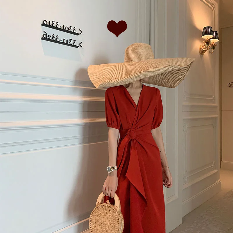 Сетчатое красное платье в том же стиле лето 2020 новинка v-образный вырез шнуровка