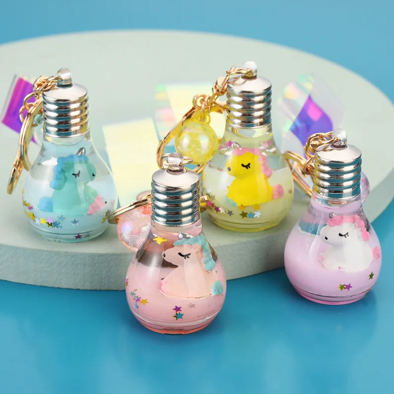 

Liquid Float Animal Fun Keyring Unicorn Light Bulb Design Glitter Quicksand Keychain Backpack Pendant Couples Women Key Chain