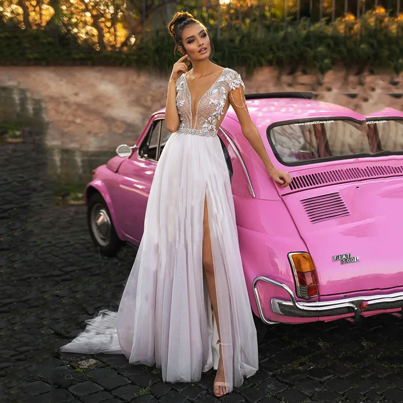 

GY Sexy V Neck Side Split Tull Wedding Gown Plus Size Wedding Dress Boho Beads Lace Appliques Modern Bridal Dress