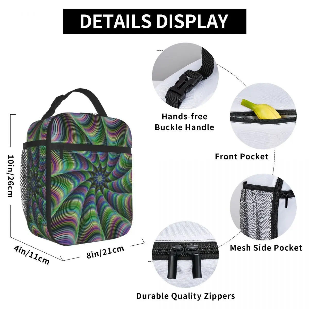 

Multicolor Striped Fractal Tentacles Lunch Bag for Women Men Large Insulated Lunch Box with Water Bottle Holder and Pockets