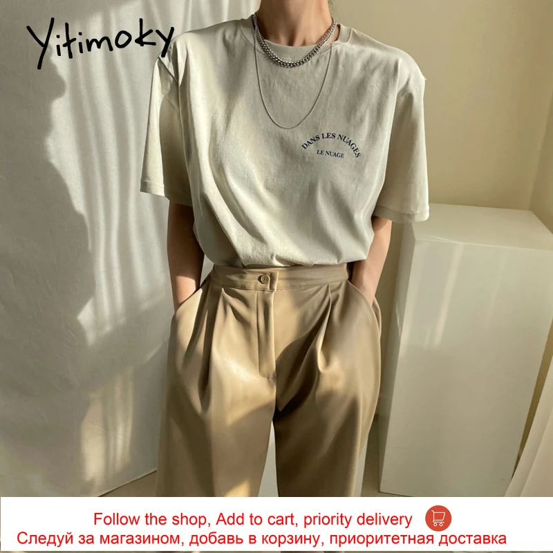 

Yitimoky Simple Woman Tshirts O-Neck Contrase Color Letter Printing Short Sleeve Out Wear Loose Pullover Casual Tops 2021 New