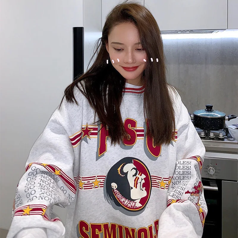 

Trendy Print Hoodie Women Korean 2020 Autumn O Neck Sweatshirt Vintage Loose Top Harajuku Long Sleeve Oversized Hoodies Teens