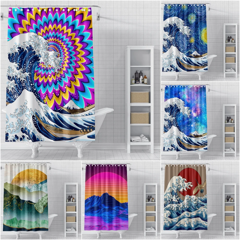 

3D Landscape Bathroom Shower Curtain Ancient Japanese Wave Shower Curtains Waterproof Fabric Bathroom Shower Curtain Hooks