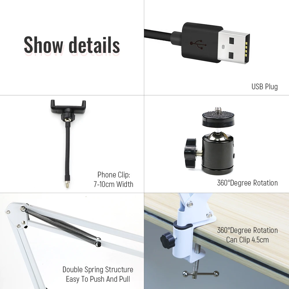 photography led selfie ring light with white desk long arm phone holder 3200k 5600k photo studio light for youtube vk live free global shipping