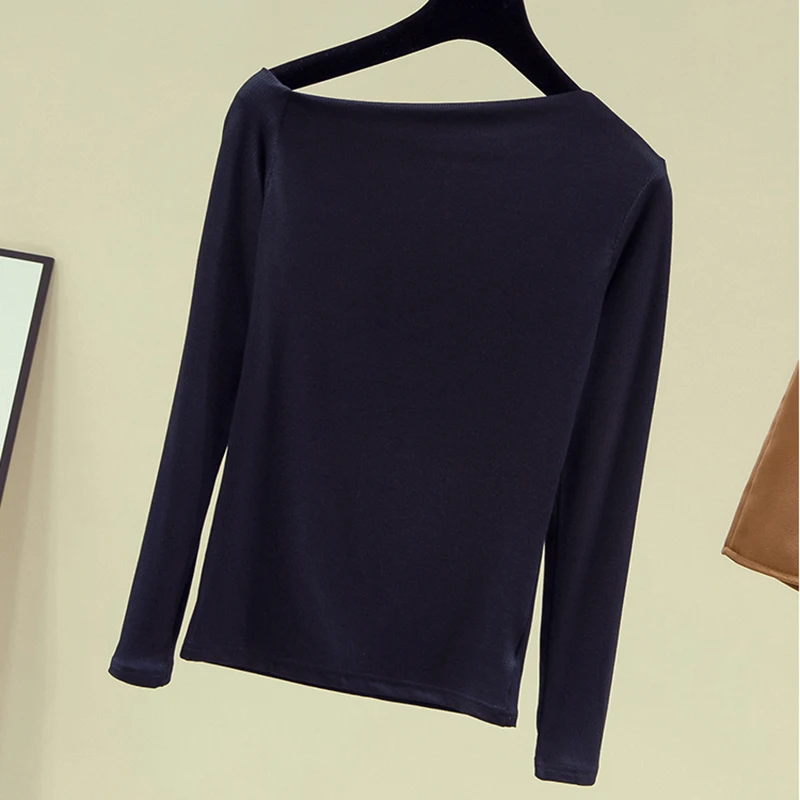 Осенняя мода 2020 Сексуальная футболка с вырезом лодочкой женская длинным рукавом