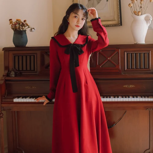 

2020 Spring Full Sleeve Women Dress Red Wine French Preppy Style Ankle-length Patchwork Bow Peter Pan Collar Dresses
