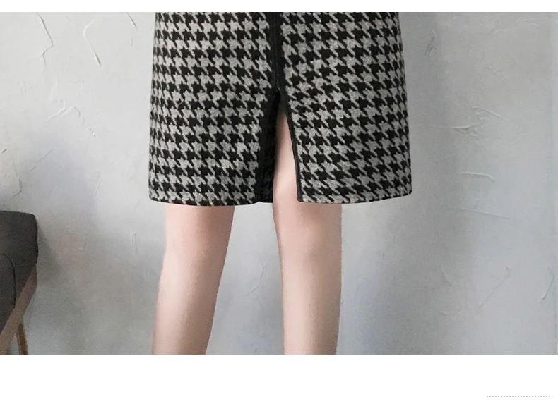 

Autumn Winter Dress Women Fashion Houndstooth Wool Dresses Women Elegant Belted Vestidos Female Slim Office Work Robes Femme