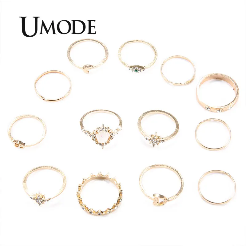 UMODE, 12 шт., Золотая Корона, кольца для женщин и девочек, кольца с Луной, набор, кольца на палец в форме сердца, опал, женская мода, ювелирные изделия, подарки, PR0225