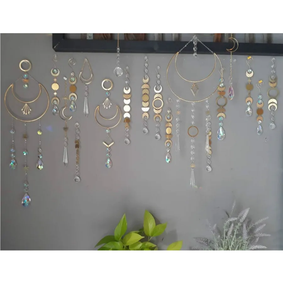 

Handmade Crystal Moon Suncatcher with Prisms Dijes Saturn Celestial Window Decor Rainbow Maker Wicca