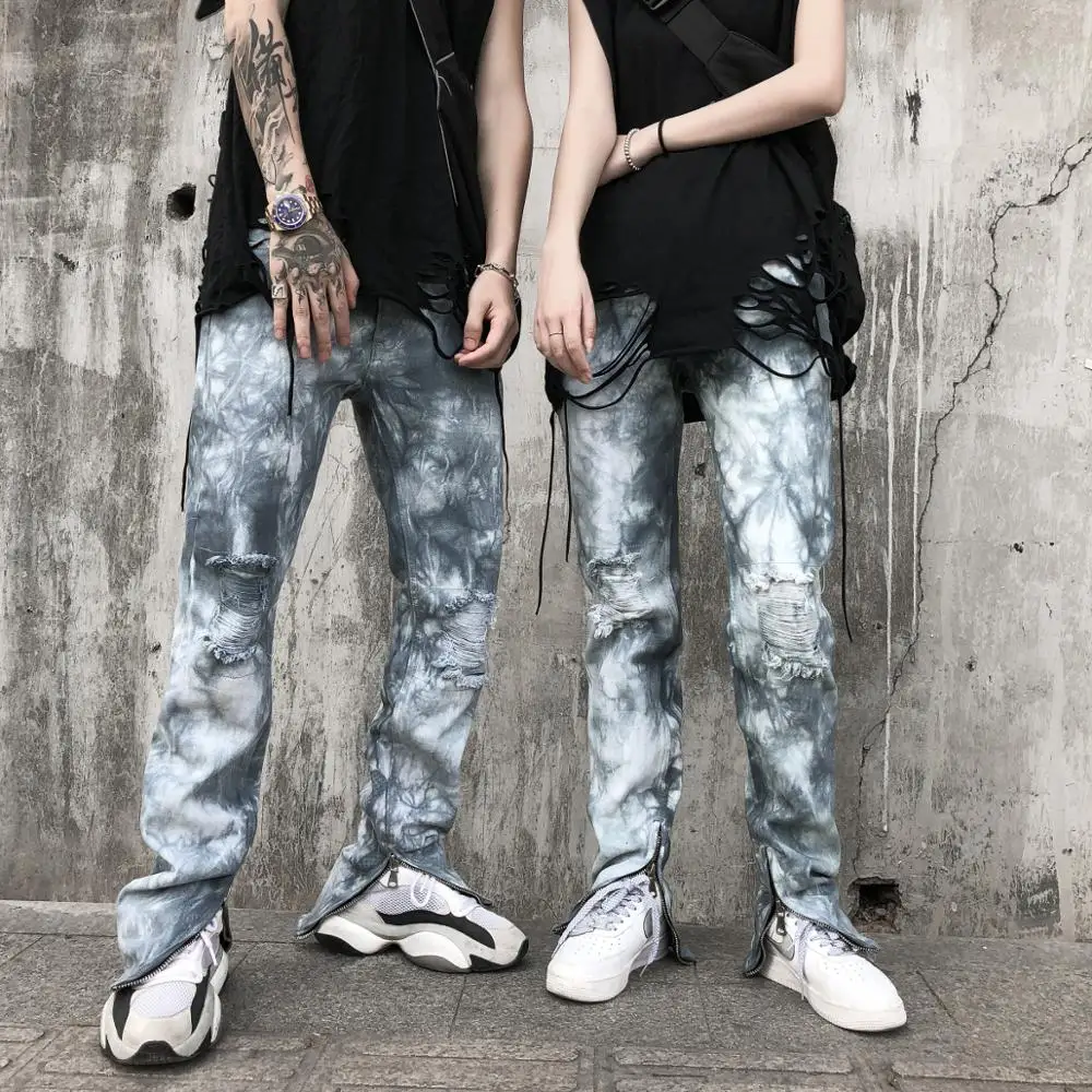 Уличная Мужская Прямые рваные джинсы брюки градиентный цвет хип-хоп мужские