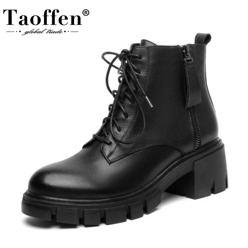 

Taoffen Real Leather Women Ankle Boots Cross Strap Fashion Platform High Heel Winter Shoes Woman Warm Zip Footwear Size 34-39