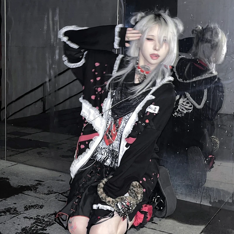 Оригинальная флисовая куртка в стиле панк японская Свободная оверсайз черного