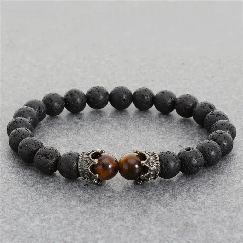 

Charms Natural Stone Beads Men Crown Bracelets Black Lava Matte Bangles For Women Elastic Strand Yoga Jewelry Pulseras Mujer