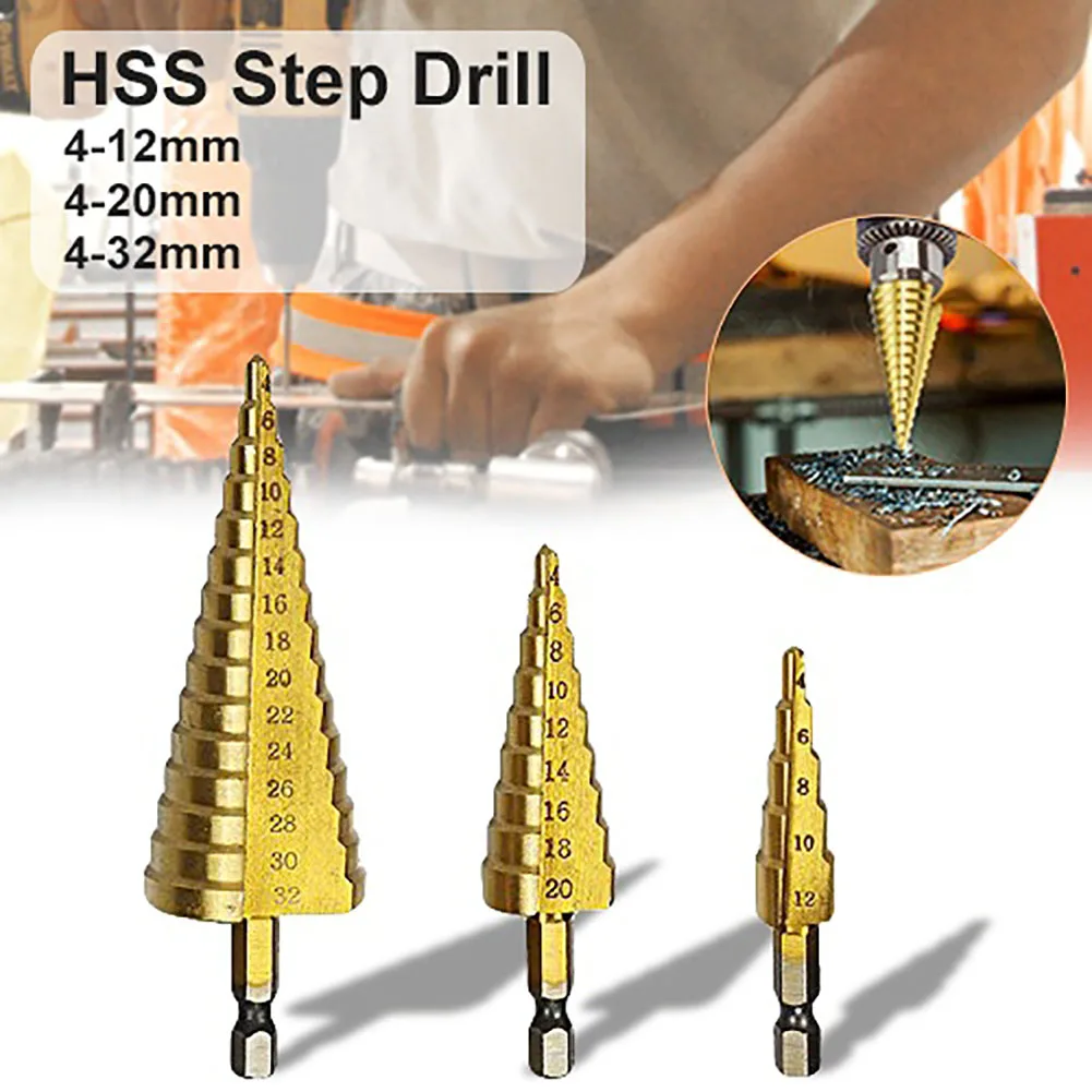 

4-12 / 20 / 32mm Gold HSS Steel Large Step Cone Titanium Plating Coated Metal Drill Bit Cut Tool Set Hole Cutter