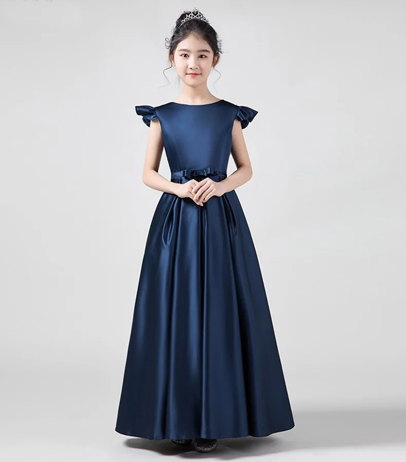 navy blue Сатиновые Темно-Синие Платья с цветочным узором для девочек на свадьбу; трапециевидные платья принцессы длиной до пола; Детские нарядные платья - Цвет: navy blue