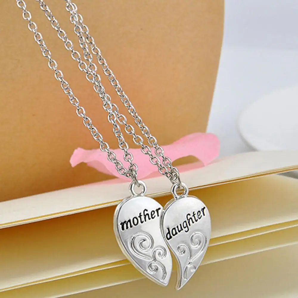 

50% Hot Sale 2 Pcs/Set Silver Mom Mother & Daughter Love Heart Pendant Charm Chain Necklace