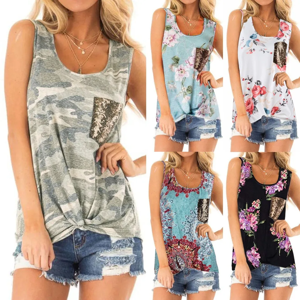 Модная майка с блестками и карманами повседневная Летняя женская сексуальная