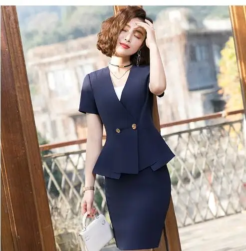 

2019 new summer short-sleeve skirt suits two pieces set fashion slimming hotel uniform jewelry store beautician overalls