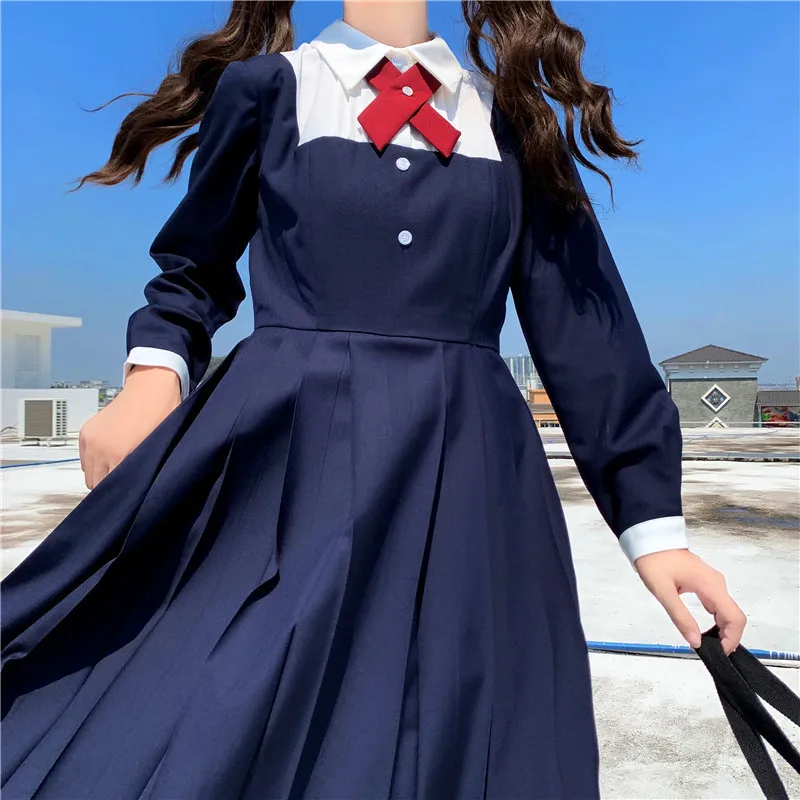 

Japanese Preppy Style Spring Autumn Women Midi Dress Turn-Down Collar Bow Navy Blue Pleated Dress Cute Kawaii Girl's JK Uniform