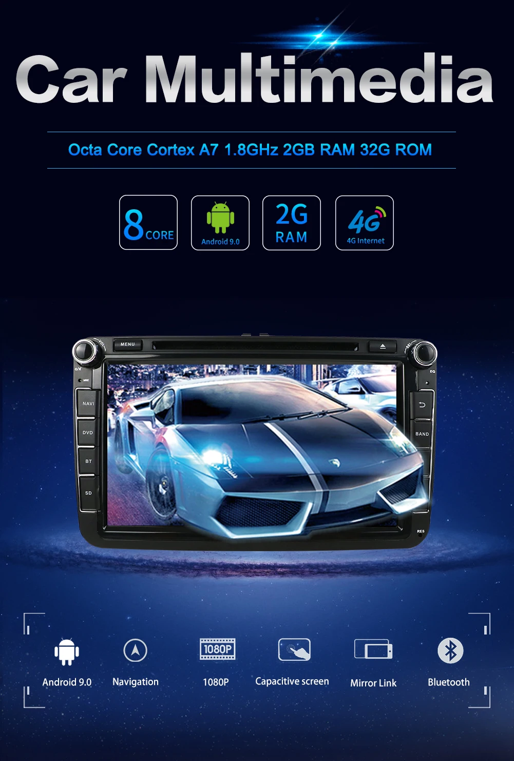 2 DIN Android 9,0 автомобильный DVD для Volkswagen GOLF MK5 MK6 PASSAT B6 POLO SKODA Fabia gps навигация Радио USB/SD PC Canbus карта 4+ 64G