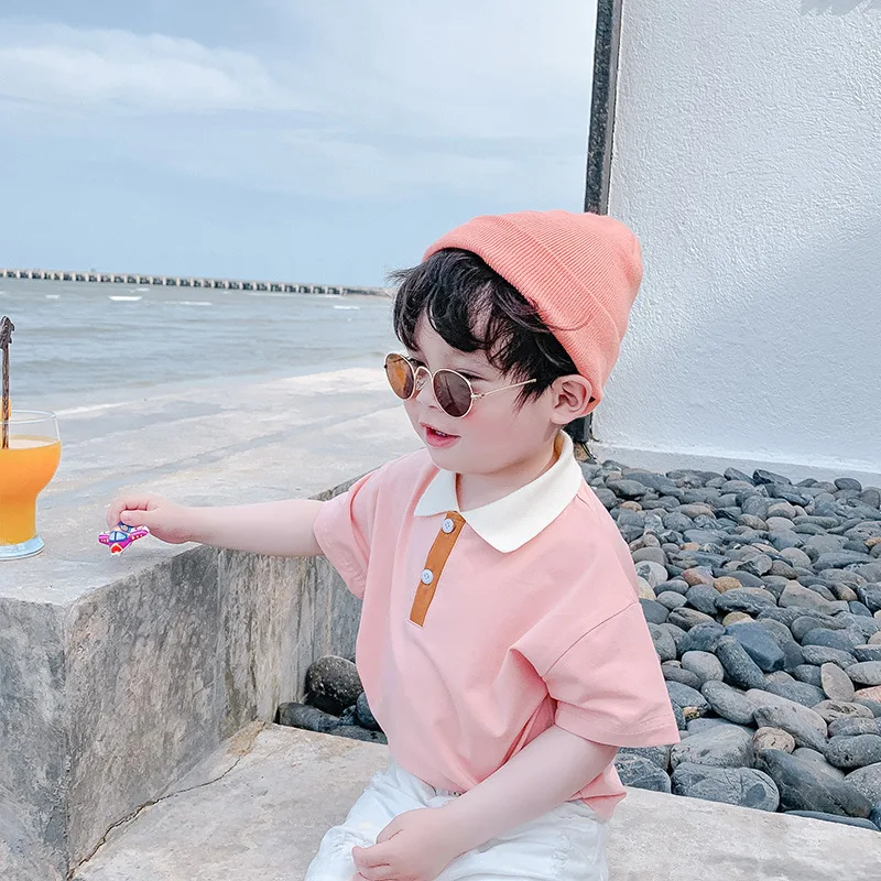 Baby boys cotton turn-down collar short sleeve T shirts Summer fashion contrast color pullovers |