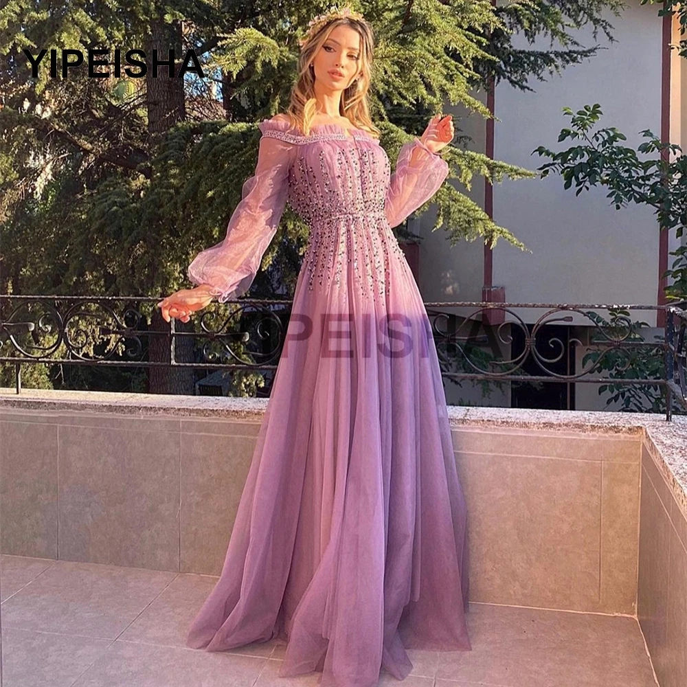 

2021 New Lavender Evening Dress A-Line Boat Neck Full Lantern Sleeve Ruched Sequined Beads Floor Length Purple Prom Party Gown