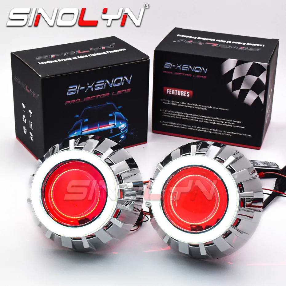 Sinolyn LED Angel Eyes Devil 2.5 Headlight Projector Lenses Bi Xenon Halo Ring Lens HID Projector For H4/H7 Cars Accessories