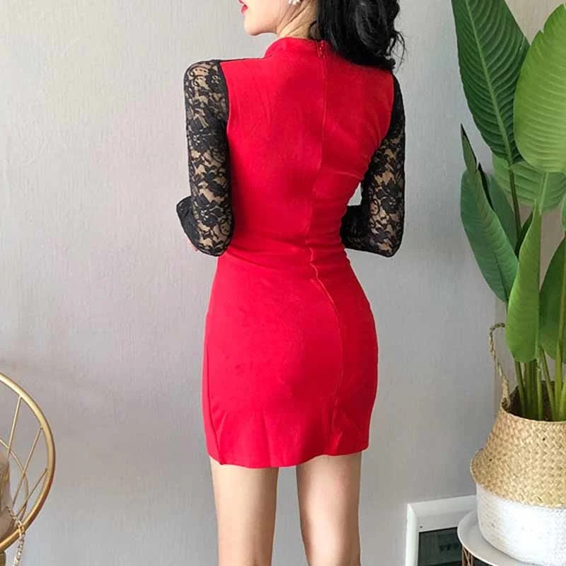 

Spring 2021 Fashion Women's Dress Long Sleeve Hollow Out Lace Party Mini Female Dresses Elastic Bandage High Waist Ladies Dress