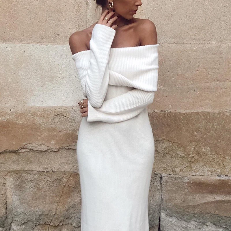 

Винтажные Женские Элегантные вязаные Длинные платья Бомбер с открытыми плечами Весна 2021 модное женское приталенное шикарное платье женско...