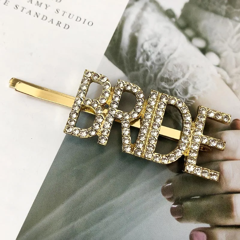 BRIDE-Gold 1 шт. женские буквы Стразы хрустальные шпильки для волос металлические заколки для волос аксессуары для волос серебро/золото да/секс/поцелуй - Цвет: BRIDE-Gold