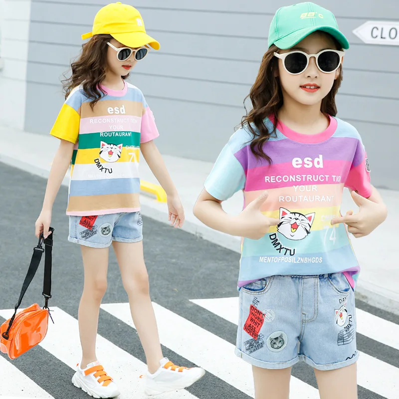 3 6 10 14 New Teenage Girls Clothing Sets Summer Toddler Kids Clothes T-shirt Jeans 2pcs Outfits Children Tracksuit Suit | Детская