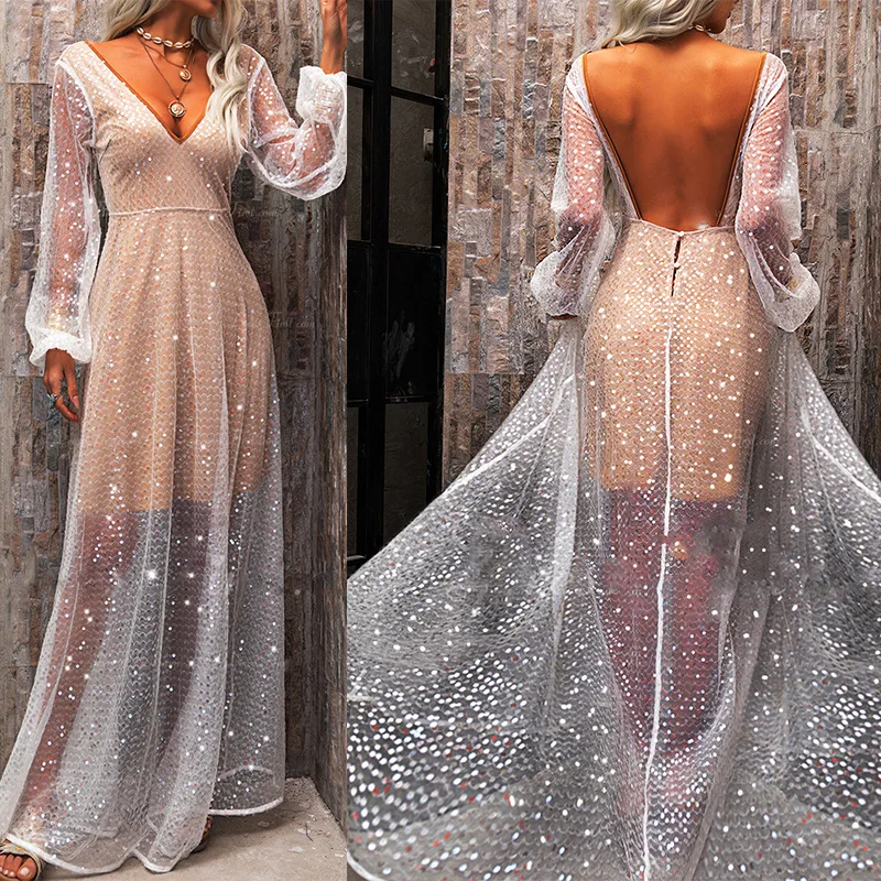 

Prom Evening Party Dresses Sexy Slim V Neck Backless Long Sleeve Sequins Shinning Wedding Ball Prom Gown Robes De Soire Vestido