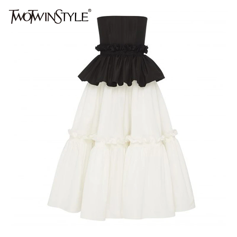 Женское платье средней длины в стиле пэчворк без бретелек TWOTWINSTYLE Белое