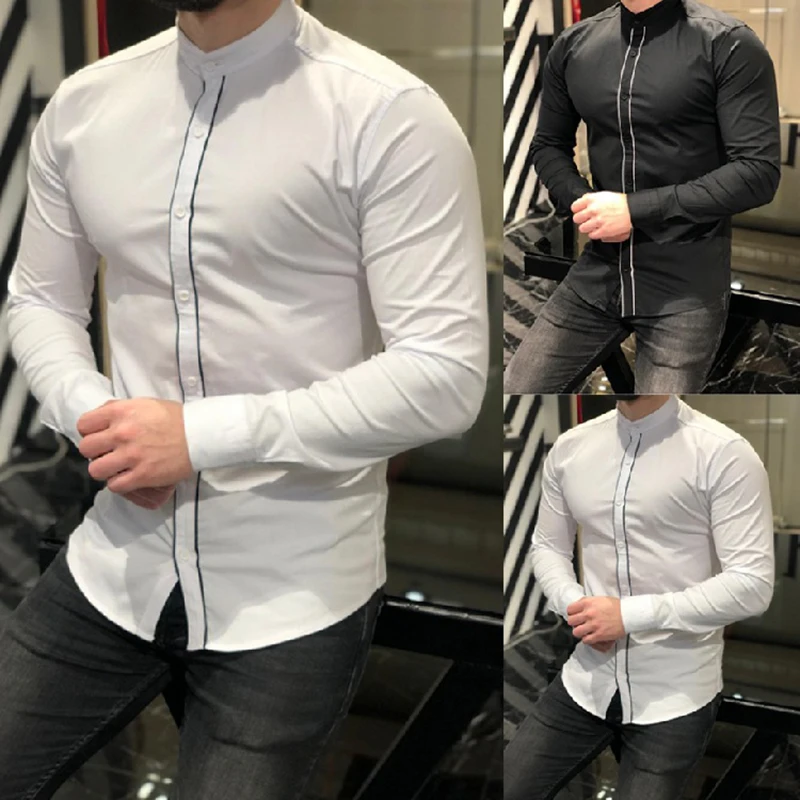

and summer men's Spring fashion black and white casual solid color striped long sleeve lapel shirt