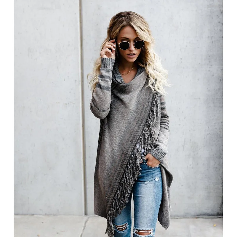 Женские свитера Осенний Повседневный стиль полосатый плащ круглый вырез длинный